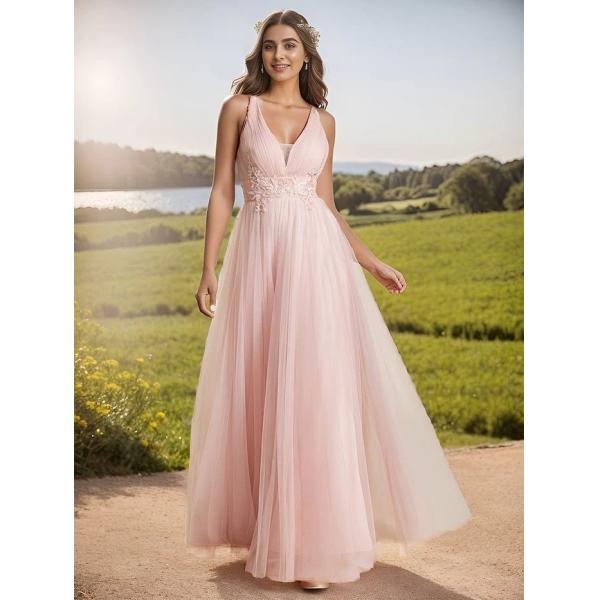 Charming Empire Beaded Sleeveless V-neck Ruffled Spaghetti Strap A-line Pink Tulle Evening Dress