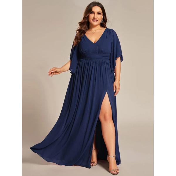Empire Plus Size V-neck Ruffled A-line Invisible Zipper Half Flutter Sleeves Dark Green Chiffon Party Dress