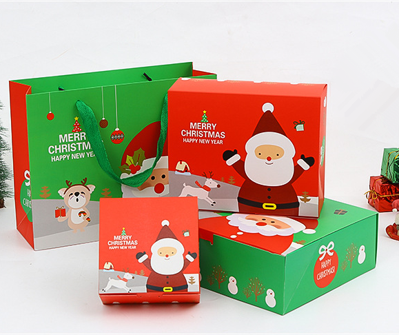 Custom design printing Christmas foldable flat pack gift boxes with portable bags