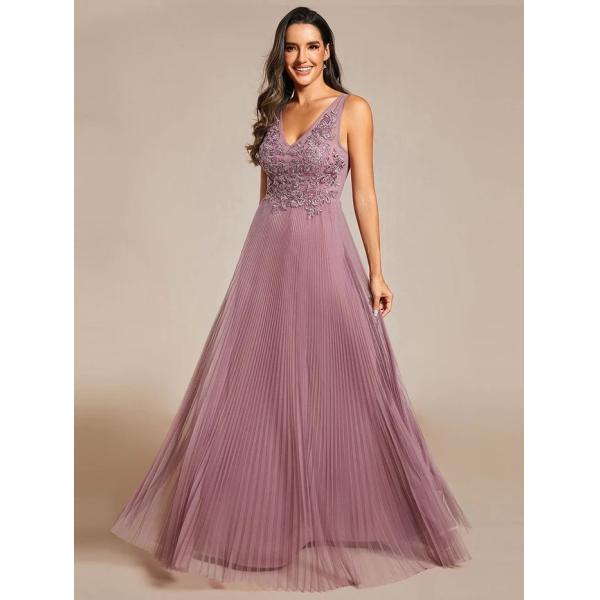 Elegant V-neck Floor-length Appliqued Zipper Two Straps A-line Purple Orchid Crepe Tulle Evening Dress