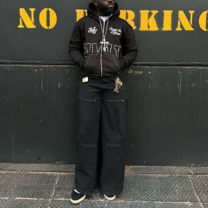 Windproof Zip Up Rhinestone Hoodie Rips Screen Print Logo Streetwear Fleece