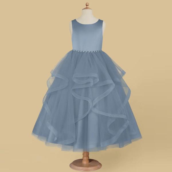 Beautiful Girl Kids Dress Blue Tulle OEM ODM Baby Flower Girl Dresses Sleeveless Round Neckline Ruffles Ball Gown Wholes