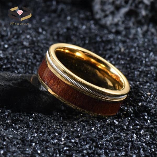 Men Flat Gold Tungsten Carbide Ring Koa Wood And Guitar String Inlayed 8mm For Party