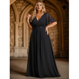 Sexy Empire Applique A-line Short Flutter Sleeves V-neck Invisible Zipper Black