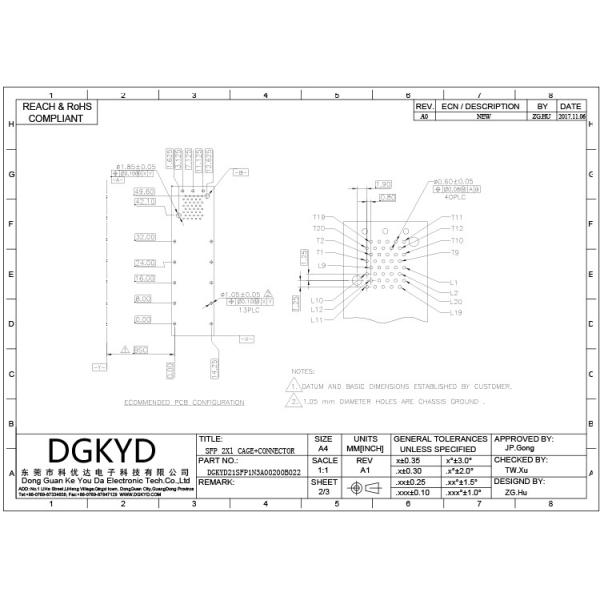 DGKYD21SFP1N3A00200B022 2*1 Cage Thickness 0.25mm RJ45 SFP Connector 15U Phosphor Bronze