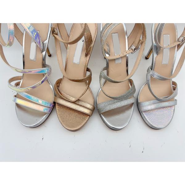 Elastic Wrap Ladies Soft Leather Sandals Dark Silver With 5cm Stiletto