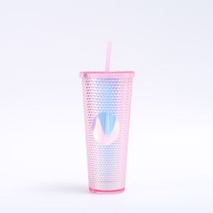 Iridescent Studded Double-Wall Plastic Tumbler With Lid Straw For DIY Customizat