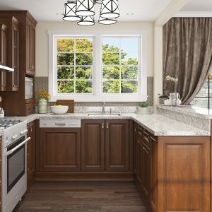 Natural Wood Prefabricated Traditional Walnut Kitchen Cabinets Metal Honey Oak