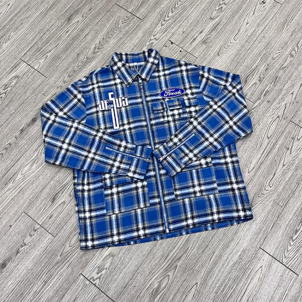 Custom Winter Embroidered Logo Plaid Shirts Zip Up Polo Shirt Oversized Long Sleeve Flannel Shirts For Men