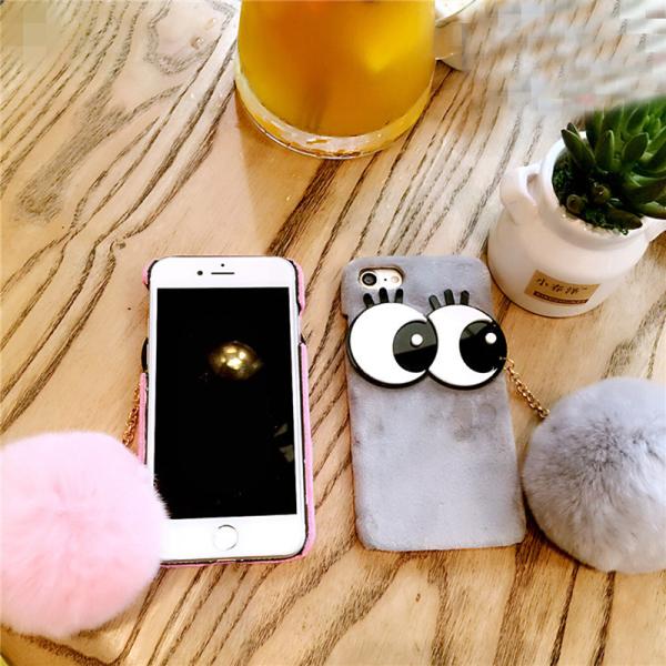 Plush+PC DIY Big Eyes Seto Rabbit Hairball Strap Fluff Back Cover Cell Phone Case For iPhone 7 6s Plus