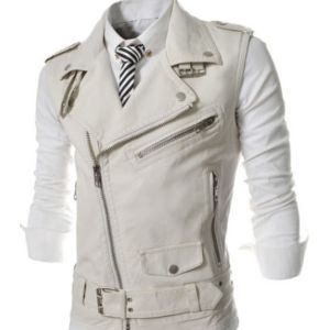 Red Waterproof Side Zipper Mens Leather Biker Vest For Winter Trendy Design