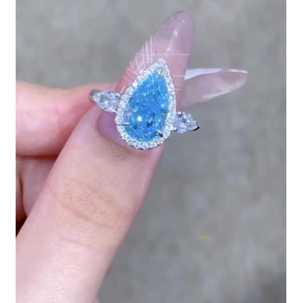 18K White Gold CVD Diamond Ring 2.32ct Blue Pear Cut Engagement Ring Jewelry