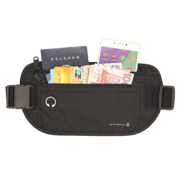 Buy Rfid Blocking Security Travel Waist Bag Black Color With Silkscreen Printed Logo at wholesale prices