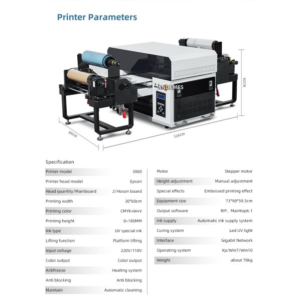 Andemes A3 3060 3IN 1 UV Dtf Printer Dual Xp600 Printhead Roll to Roll Sticker Printing Flatbed Printing 30cm Print Width