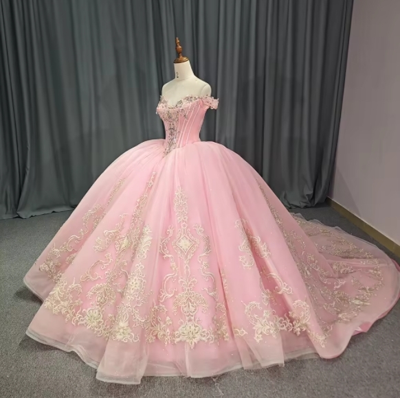 Beautiful Sweetheart Neck Off-the-shoulder Beaded Appliqued Ball Gown Party Girl 12 Years Pink Organza Quinceanera Dress