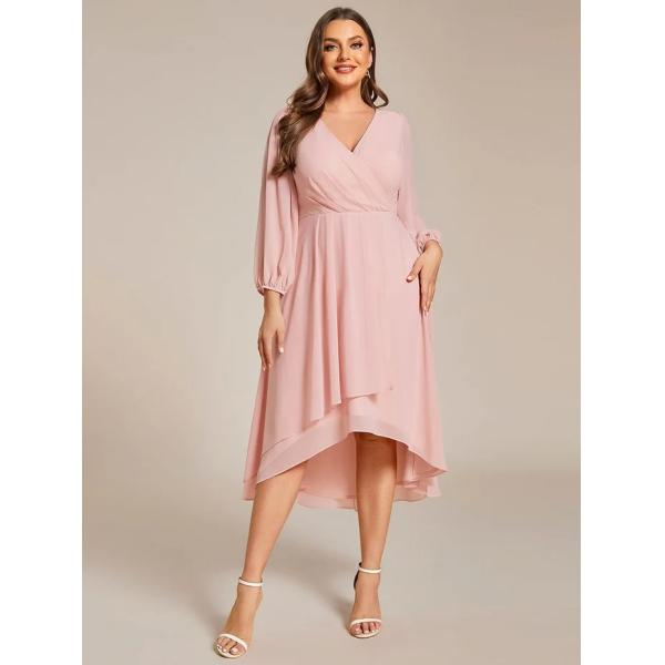 Ruffled A-line Long Sleeve V-neck High-low Wedding Guest Pink Chiffon Prom Dress