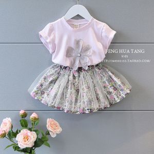 2016 Fashion Kid's Purple Summer Prince Style Top+Cute Lace Floral Shorts Skirt