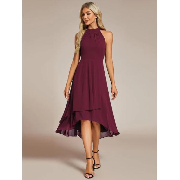 A Line Sleeveless Halter Neck Wedding Guest Dress Burgundy Chiffon Cocktail Dresses