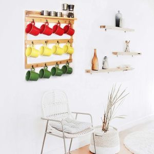 Multifunctional Bamboo Wall Hook Coffee Cup Hanger For Bathroom