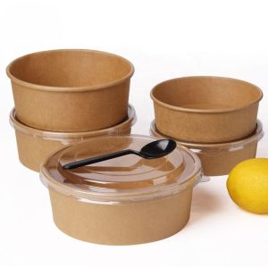 Customized Disposable Kraft Paper Salad Bowl With Lid For Food Paper Container