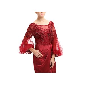 Ruched Red Ladies Evening Dresses , Balloon Long Sleeve Wedding Gown