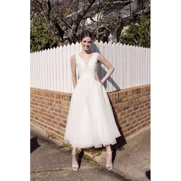 Flirty A-line Plus Size Tea-length Plunging Neckline Tank Straps Appliqued Lace Zipper White Organza Midi Wedding Dress