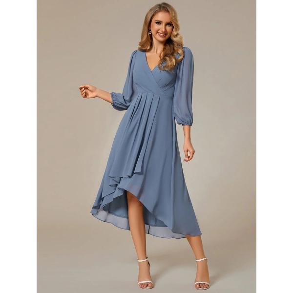 Elegant Empire Long Sleeve V-neck High Low A-line Ruffled Midi Dusty Navy Chiffon Wedding Guest Homecoming Dress