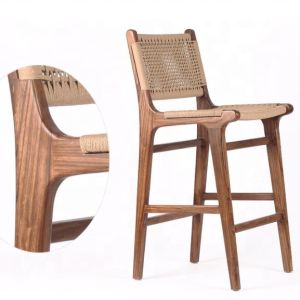 Modern High Seat Bar Stool with Woven Rope Seat and Leather Accented Frame