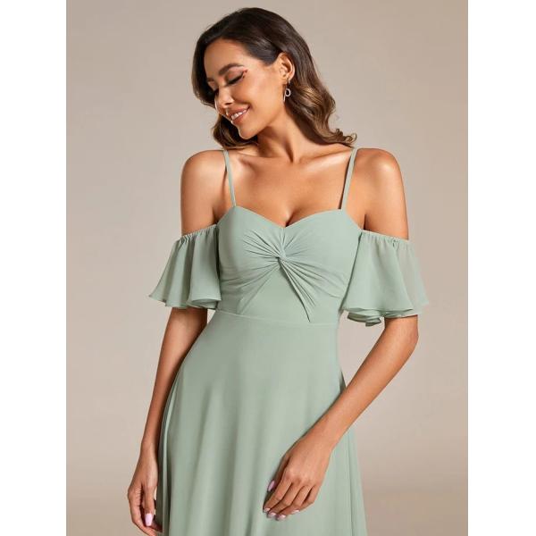 Empire A-line Ruffled Off-shoulder Spaghetti Strap Criss-cross Ruffles Sleeve Mint Green Chiffon Bridesmaid Dresses
