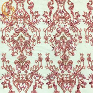 OEM Pink Beaded Lace Fabric For Evening Dress Garment