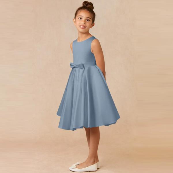 Lovely Girl Kids Dress Blue Satin OEM ODM Baby Flower Girl Dresses Sleeveless Round Neckline Knee-length Ruffles Ball Go