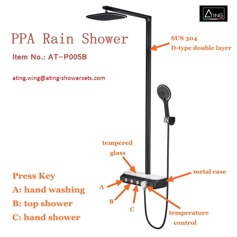 Quality AT-P005B 3 functions bathroom shower systems with platform Foshan supplier black colour luxury rain shower for sale