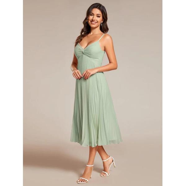 V-neck Empire Midi Mint Green Chiffon Stacked Pleating Backless Wedding Guest Dress Cocktail Dresses