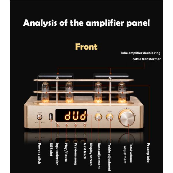 2.0 Channel Bluetooth Audio Amplifier , Vacuum Tube Amplifier Gold Color