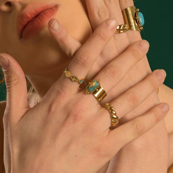 Opening Adjustable Gold Plated Band Rings Geometric Natural Turquoise Gemstone