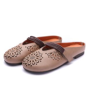 S066 Boutique retro hand-carved hollow women's shoes, leather feet, velcro, flat