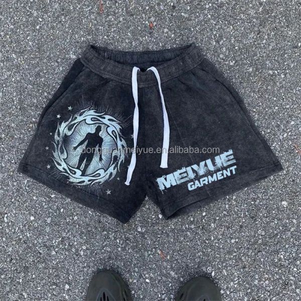 Custom Streetwear Summer Acid Wash Vintage Boxy Heavyweight Two Piece Shorts Suit Screen Printing Tee T Shirt and Shorts Set