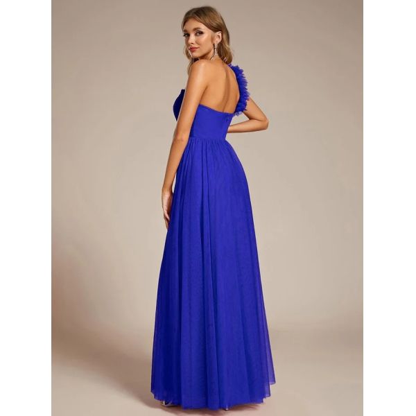 Exquisite One-shoulder Sweetheart Ruffled A-line Zipper Pleated High Slit Sapphire Blue Tulle Graduation Dress