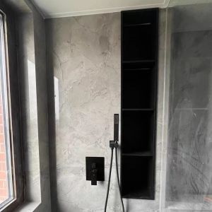 Quality Black Solid Surface Shower Insert Soap Shampoo Niche Tray Box with Shelf for sale