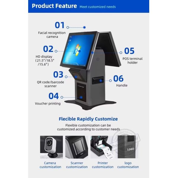 15.6" Touch Screen Windows POS Payment Kiosk with Double Sided Self Service Order Tablet and Incell Capacitive Touch