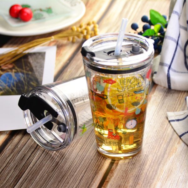 Buy Decorated Pint Ice Tea Glass Cup With Lid And Silicate Straw Cocktail Tumbler Drinking Glasses at wholesale prices