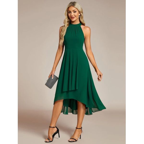 Sexy A-line Sleeveless Halter Neck Wedding Guest Dress Dark Green Chiffon Graduation Dresses