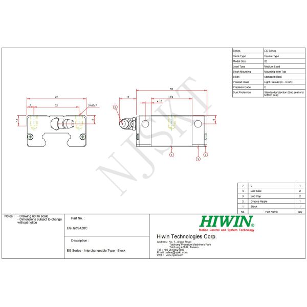 Smooth EGH20SA HIWIN Linear Guide 20mm Size Linear Guideway Block