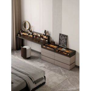 Velvet Upholstered Dark Wood Dressing Table Bedroom Makeup Vanity