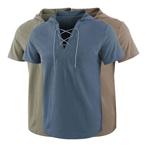 2021 Summer Causal Loose Solid Hooded Lace Up Short Sleeve T Shirt For Men