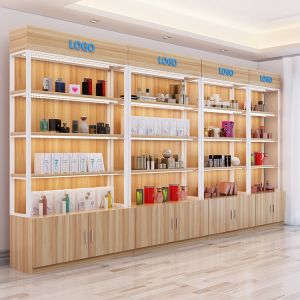 Cosmetic Makeup Wood Retail Display Cases Wooden Wall