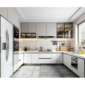 White Customized Luxury Kitchen Cabinet Modern Wood With Island Design