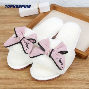 PVC Outsole Womens Fur Slippers With Silk Bow