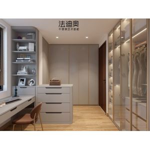 Modern And Functional Grey Walk-In Closet With Multiple Storage Solution