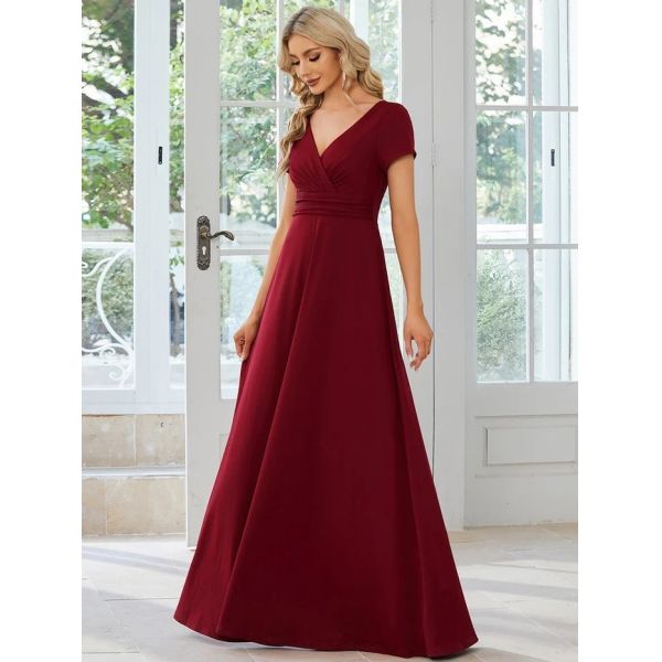 Sexy Custom Size V-neck Simple Pleated Empire Waist A-line Short Sleeve Burgundy Satin Bridesmaid Dress